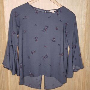 LC Lauren Conrad Womens Blue Bell Sleeve Floral Blouse XS